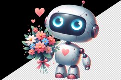 Watercolor cute robot bouquet of flowers heart love Valentine Day print 20 oz tumbler skinny mug wrap clipart t-shirt sublimation printable design