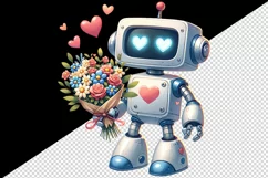 Watercolor cute robot bouquet of flowers heart love Valentine Day print 20 oz tumbler skinny mug wrap clipart t-shirt sublimation printable design