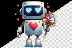 Watercolor cute robot bouquet of flowers heart love Valentine Day print 20 oz tumbler skinny mug wrap clipart t-shirt sublimation printable design