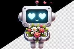Watercolor cute robot bouquet of flowers heart love Valentine Day print 20 oz tumbler skinny mug wrap clipart t-shirt sublimation printable design