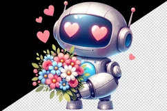 Watercolor cute robot bouquet of flowers heart love Valentine Day print 20 oz tumbler skinny mug wrap clipart t-shirt sublimation printable design