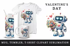 Watercolor cute robot bouquet of flowers heart love Valentine Day print 20 oz tumbler skinny mug wrap clipart t-shirt sublimation printable design