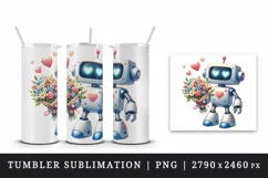 Watercolor cute robot bouquet of flowers heart love Valentine Day print 20 oz tumbler skinny mug wrap clipart t-shirt sublimation printable design