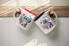Watercolor cute robot bouquet of flowers heart love Valentine Day print 20 oz tumbler skinny mug wrap clipart t-shirt sublimation printable design