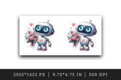 Watercolor cute robot bouquet of flowers heart love Valentine Day print 20 oz tumbler skinny mug wrap clipart t-shirt sublimation printable design