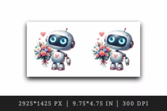 Watercolor cute robot bouquet of flowers heart love Valentine Day print 20 oz tumbler skinny mug wrap clipart t-shirt sublimation printable design