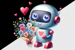 Watercolor cute robot bouquet of flowers heart love Valentine Day print 20 oz tumbler skinny mug wrap clipart t-shirt sublimation printable design