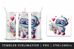 Watercolor cute robot bouquet of flowers heart love Valentine Day print 20 oz tumbler skinny mug wrap clipart t-shirt sublimation printable design