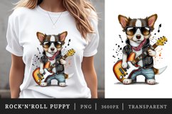 Watercolor cute puppy wearing a leather jacket and holding a guitar with a cool rock &#039;n&#039; roll vibe t-shirt sublimation print designs bundle