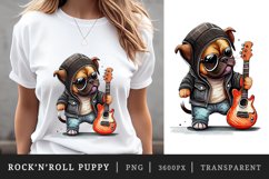 Watercolor cute puppy wearing a leather jacket and holding a guitar with a cool rock &#039;n&#039; roll vibe t-shirt sublimation print designs bundle