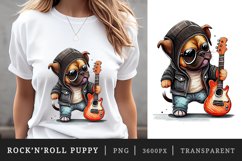 Watercolor cute puppy wearing a leather jacket and holding a guitar with a cool rock 'n' roll vibe t-shirt sublimation print designs bundle