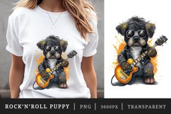 Watercolor cute puppy wearing a leather jacket and holding a guitar with a cool rock &#039;n&#039; roll vibe t-shirt sublimation print designs bundle