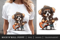 Watercolor cute puppy wearing a leather jacket and holding a guitar with a cool rock &#039;n&#039; roll vibe t-shirt sublimation print designs bundle