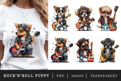 Watercolor cute puppy wearing a leather jacket and holding a guitar with a cool rock &#039;n&#039; roll vibe t-shirt sublimation print designs bundle