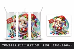 Watercolor cute Santa Claus Christmas lights Season greeting quote print 20 oz tumbler skinny mug wrap clipart t-shirt sublimation printable design