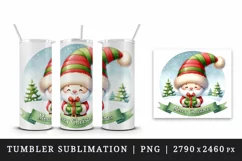 Watercolor cute Santa Claus gnome holding gift Merry Christmas quote print 20 oz tumbler skinny mug wrap clipart t-shirt sublimation printable design