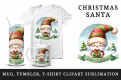 Watercolor cute Santa Claus gnome holding gift Merry Christmas quote print 20 oz tumbler skinny mug wrap clipart t-shirt sublimation printable design