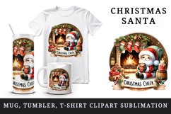 Watercolor cute Santa Claus hot cocoa fireplace Christmas Cheer quote print 20 oz tumbler skinny mug wrap clipart t-shirt sublimation printable design