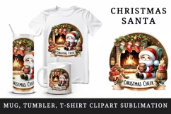 Watercolor cute Santa Claus hot cocoa fireplace Christmas Cheer quote print 20 oz tumbler skinny mug wrap clipart t-shirt sublimation printable design
