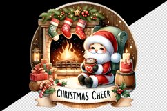 Watercolor cute Santa Claus hot cocoa fireplace Christmas Cheer quote print 20 oz tumbler skinny mug wrap clipart t-shirt sublimation printable design
