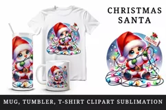 Watercolor cute Santa Claus lights Merry Christmas greeting quote print 20 oz tumbler skinny mug wrap clipart t-shirt sublimation printable design