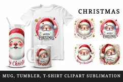 Watercolor cute Santa Claus Merry Christmas quote New Year winter print 20 oz tumbler skinny mug wrap clipart t-shirt sublimation printable design png