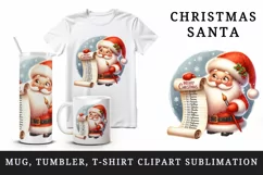 Watercolor cute Santa Claus reading long list of names Christmas print 20 oz tumbler skinny mug wrap clipart t-shirt sublimation printable design