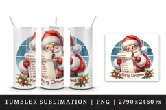 Watercolor cute Santa Claus reading long list of names Christmas print 20 oz tumbler skinny mug wrap clipart t-shirt sublimation printable design