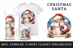 Watercolor cute Santa Claus reading long list of names Christmas print 20 oz tumbler skinny mug wrap clipart t-shirt sublimation printable design