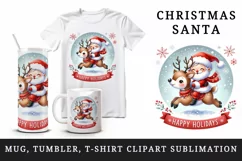 Watercolor cute Santa Claus reindeer Happy Holidays Christmas quote print 20 oz tumbler skinny mug wrap clipart t-shirt sublimation printable design