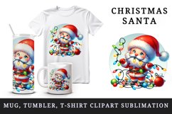 Watercolor cute Santa Claus tangled in colorful Christmas lights print 20 oz tumbler skinny mug wrap clipart t-shirt sublimation printable design