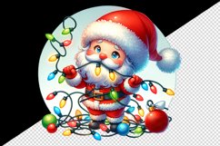 Watercolor cute Santa Claus tangled in colorful Christmas lights print 20 oz tumbler skinny mug wrap clipart t-shirt sublimation printable design