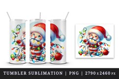 Watercolor cute Santa Claus tangled in colorful Christmas lights print 20 oz tumbler skinny mug wrap clipart t-shirt sublimation printable design