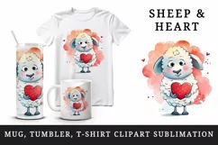 Watercolor cute sheep with heart animal love Valentines Day print 20 oz tumbler skinny mug wrap clipart t-shirt sublimation printable design