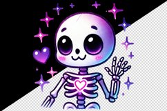 Watercolor cute skeleton neon purple heart smiling waving Halloween print 20 oz tumbler skinny mug wrap clipart t-shirt sublimation printable design