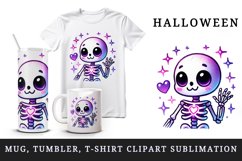 Watercolor cute skeleton neon purple heart smiling waving Halloween print 20 oz tumbler skinny mug wrap clipart t-shirt sublimation printable design