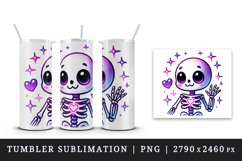 Watercolor cute skeleton neon purple heart smiling waving Halloween print 20 oz tumbler skinny mug wrap clipart t-shirt sublimation printable design
