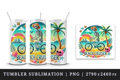 Watercolor cute skeleton riding bicycle palm tree Beach Cruiser summer print 20oz tumbler skinny mug wrap clipart t-shirt sublimation printable design