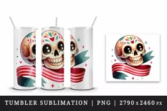 Watercolor cute skull wide beaming smile wrapped in colorful ribbon print 20 oz tumbler skinny mug wrap clipart t-shirt sublimation printable design