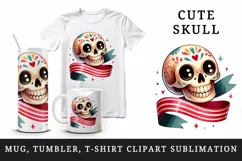 Watercolor cute skull wide beaming smile wrapped in colorful ribbon print 20 oz tumbler skinny mug wrap clipart t-shirt sublimation printable design