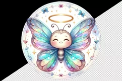 Watercolor cute smiling butterfly iridescent twinkling wings halo of light print tumbler skinny mug wrap clipart t-shirt sublimation printable design