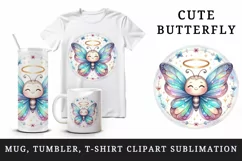 Watercolor cute smiling butterfly iridescent twinkling wings halo of light print tumbler skinny mug wrap clipart t-shirt sublimation printable design