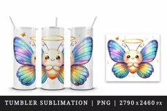 Watercolor cute smiling butterfly iridescent twinkling wings halo print 20 oz tumbler skinny mug wrap clipart t-shirt sublimation printable design