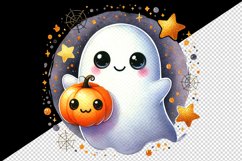 Watercolor cute smiling ghost holding small pumpkin circular Halloween print 20oz tumbler skinny mug wrap clipart t-shirt sublimation printable design