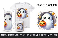 Watercolor cute smiling ghost holding small pumpkin circular Halloween print 20oz tumbler skinny mug wrap clipart t-shirt sublimation printable design