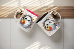 Watercolor cute smiling ghost holding small pumpkin circular Halloween print 20oz tumbler skinny mug wrap clipart t-shirt sublimation printable design