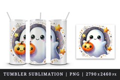 Watercolor cute smiling ghost holding small pumpkin circular Halloween print 20oz tumbler skinny mug wrap clipart t-shirt sublimation printable design