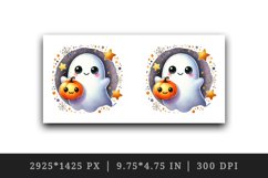 Watercolor cute smiling ghost holding small pumpkin circular Halloween print 20oz tumbler skinny mug wrap clipart t-shirt sublimation printable design