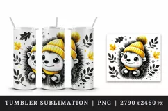 Watercolor cute smiling hedgehog neon yellow hat fall autumn leaves animal print 20 oz tumbler mug wrap clipart printable sublimation design png