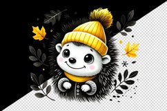 Watercolor cute smiling hedgehog neon yellow hat fall autumn leaves animal print 20 oz tumbler mug wrap clipart printable sublimation design png